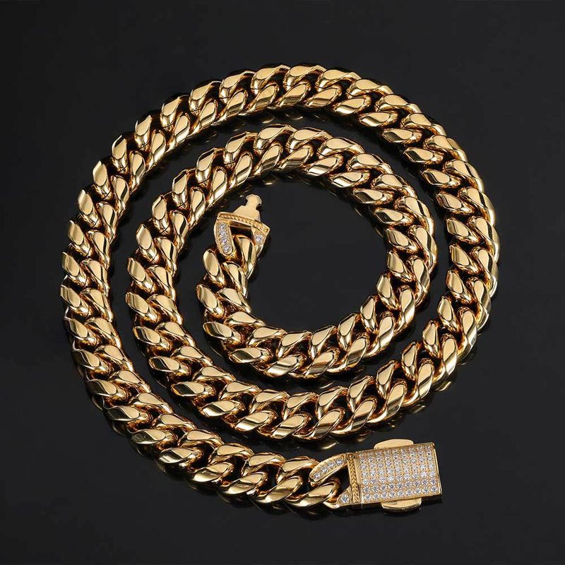 Men's Jewelry Set Hip Hop 12mm Micro Inlaid Zircon Spring Snap Stainless Steel Cuban Chain Trendy Titanium Steel Round Grinding Bracelet Necklace_voghion.com