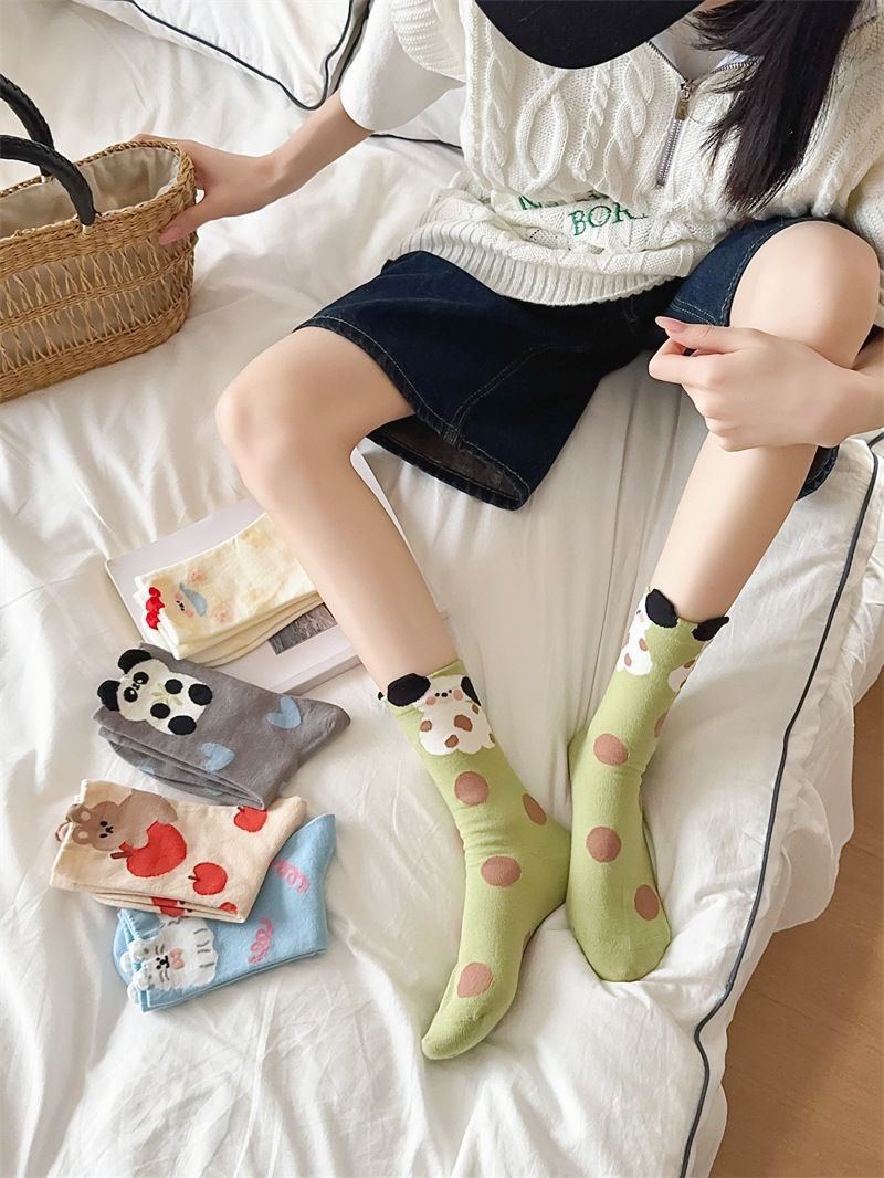 Hand Drawn Animal Print Cotton Socks Cartoon Pattern Crew Socks, Breathable Seamless Comfortable Casual Socks, Multi-Color Dotted Design_voghion.com