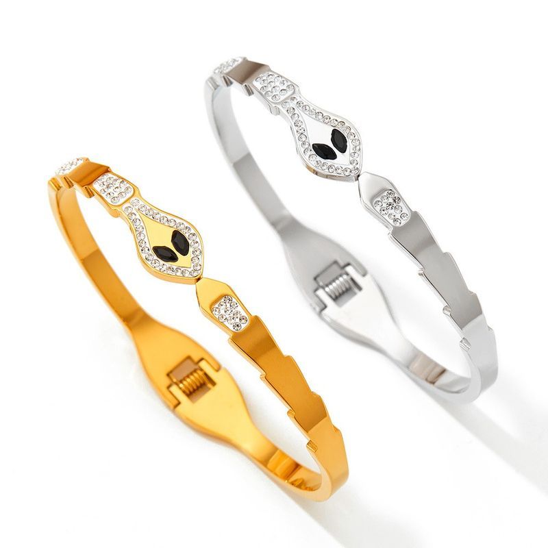 Modern Style Artistic Snake 304 Stainless Steel 16K White Gold Plated Rhinestones Bangle In Bulk_voghion.com