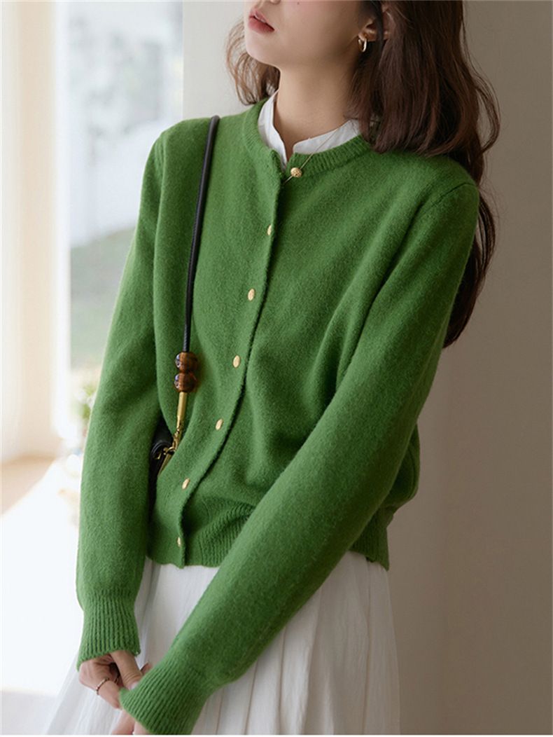 Cardigan lavorato a maglia con scollo rotondo e bottoni dorati, da donna, coreano, delicato, autunno 2024, casual, basico, giacca_voghion.com