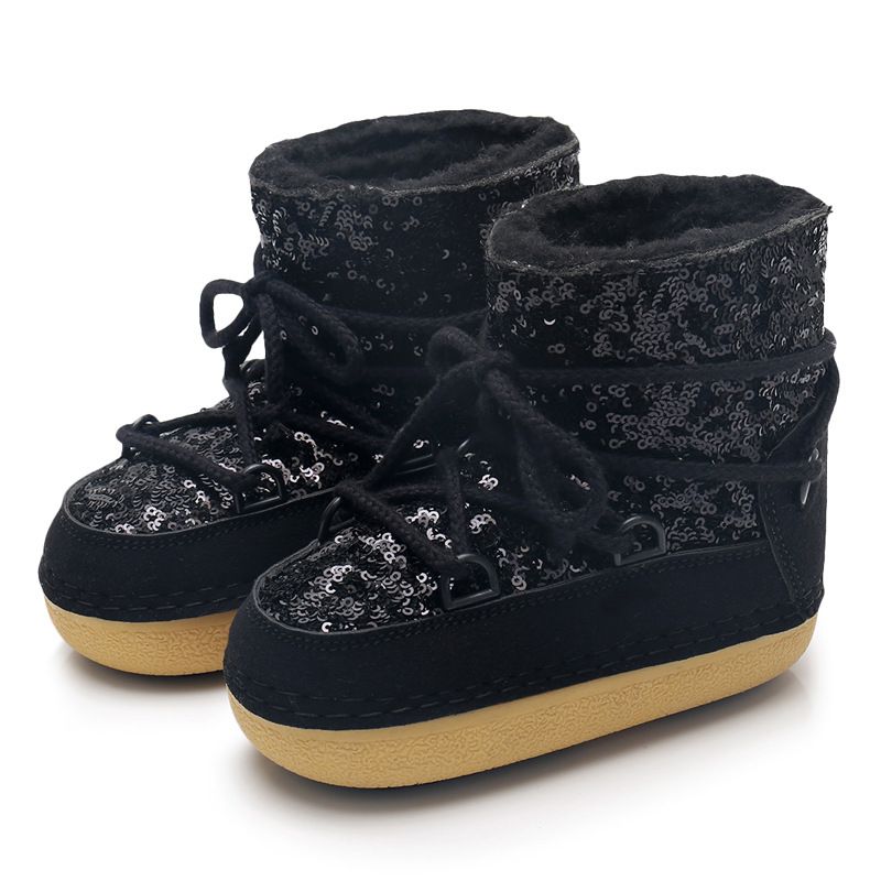 Scarponi da sci corti con paillettes foderati in pile caldo invernale per bambini, modello Parent-Child 2025, per ragazze, alla moda_voghion.com