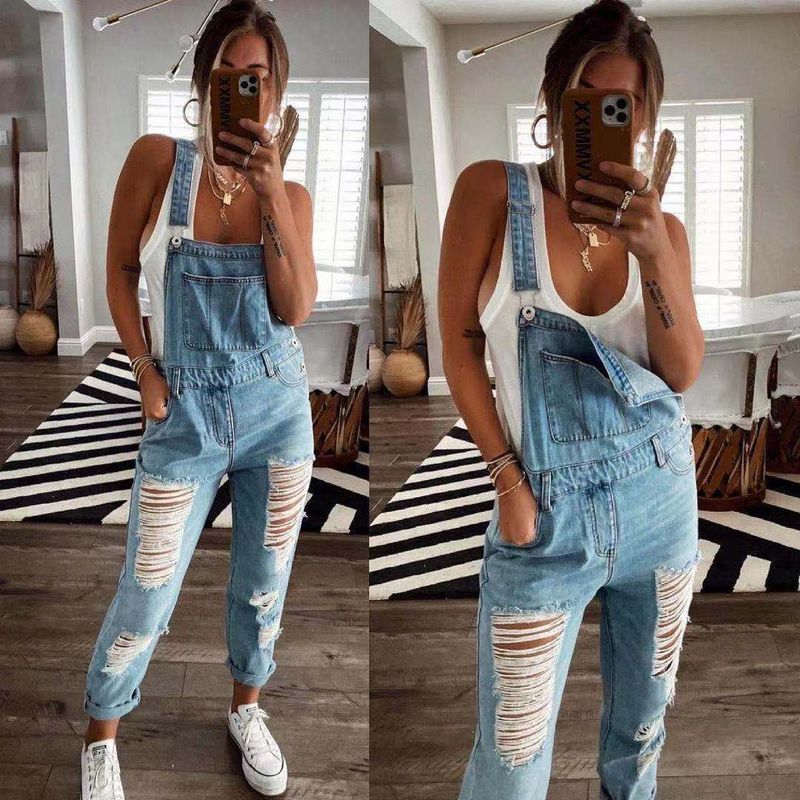Women's Cross-border women's denim jumpsuits, light-colored temperament, commuter cotton denim, plain mid-waist, blue jeans, women_voghion.com