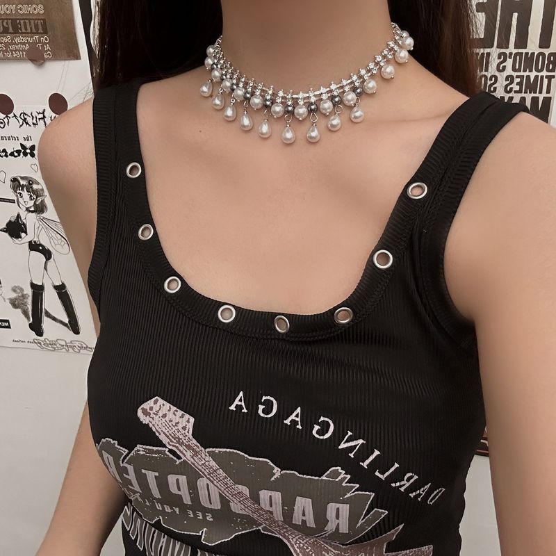 Collier à pampilles en perles croisées de style gothique punk pour femme, chaîne de clavicule lourde et sombre_voghion.com