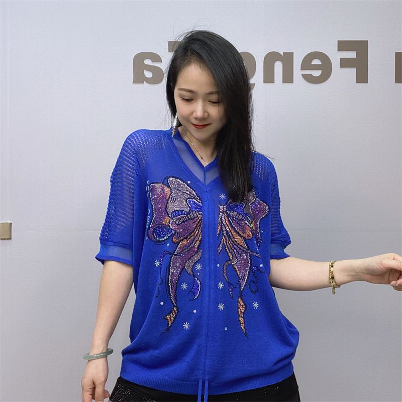 Ropa de mujer, prendas de punto para mujeres gordas mm, camiseta adelgazante de manga corta con escote en V y diamantes calientes_voghion.com