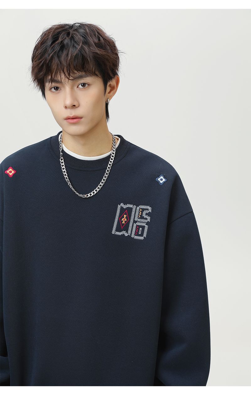 Men's Heavyweight Crewneck Sweatshirt Ethnic Color Block Embroidery Streetwear Pullover Fall Casual Top_voghion.com