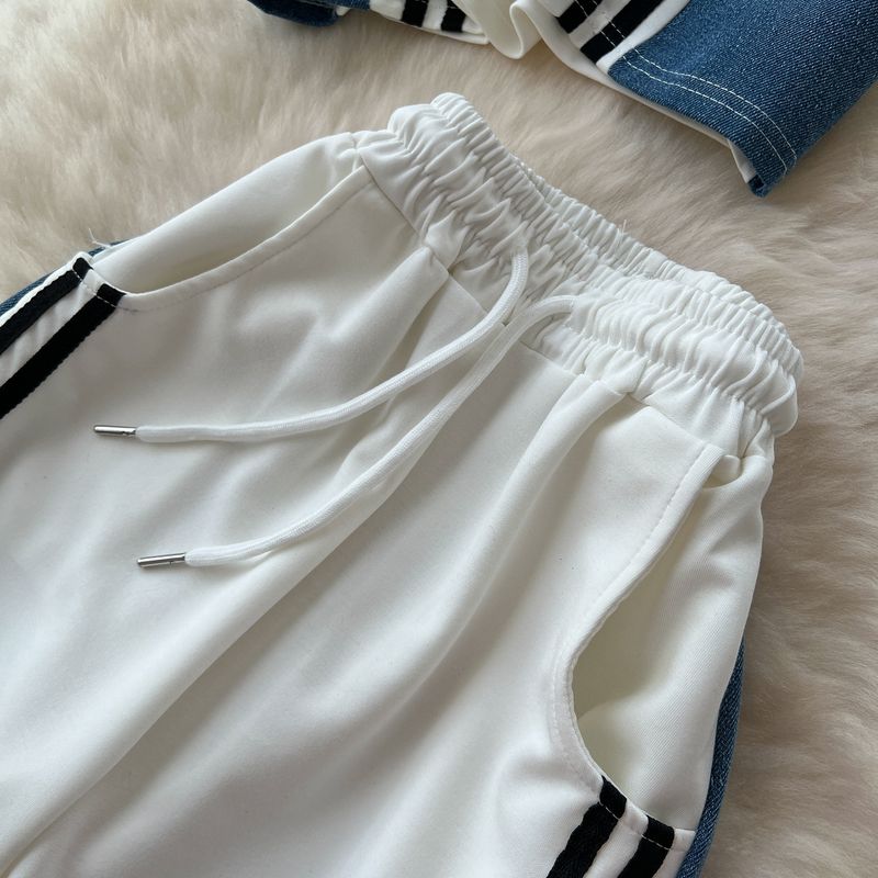 Hauts décontractés à manches courtes et rayures contrastées pour femme, mode été, taille haute, coutures en denim, jambes larges et longues_voghion.com
