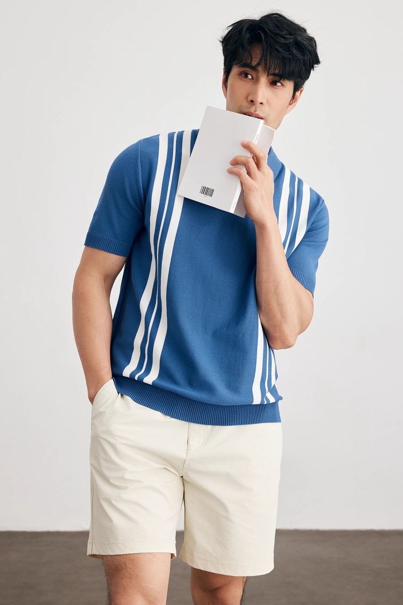 Men's Clothing Polo Shirt V Neck Short Sleeved Knitted Sweater Men's Striped Color Matching Slim Fit Business Ice Silk Breathable Trendy_voghion.com