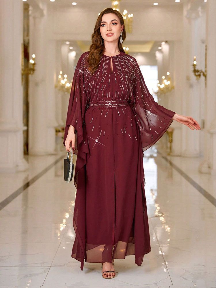 Elegante abito da sera in chiffon con strass da donna – Abito da festa a trapezio con maniche lunghe (bordeaux, S/M/L) Abito vintage con cintura a vita alta_voghion.com