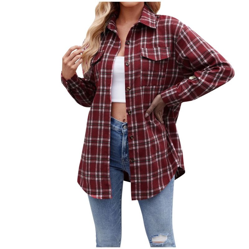 Vintage Regular Length Weekend Shirt Damen Leichtes Flanell Kariertes Button Down Shirt Oversized Langarm Classic Fit_voghion.com