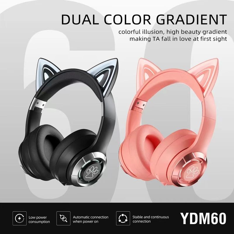 Fone de ouvido bluetooth sem fio montado na cabeça YDM60 orelha de gato luminosa pata de gato dobrável portátil_voghion.com
