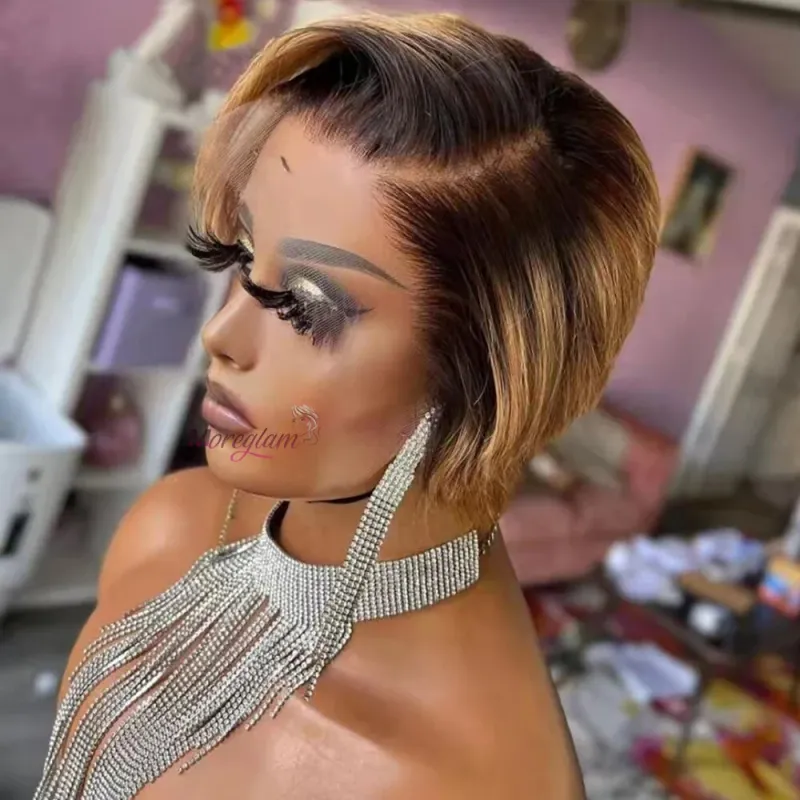 Ombre Farbige Bob Perücke Pixie Kurze Bob Echthaar Perücken 13x4 Spitze Vorne T1B/27 Pixie Cut Für Frau_voghion.com