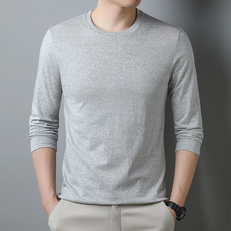 Men's T-Shirt 100% Combed Cotton Spring And Autumn New Long Sleeved Solid Color Hoodie Round Neck Pullover Fashionable_voghion.com