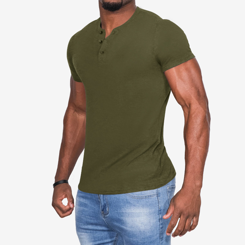2023 Trendy Herrenmode Europäische Größe 6XL Button Henry Rundhals Kurzarm Slim Fit Einfarbiges T-Shirt_voghion.com