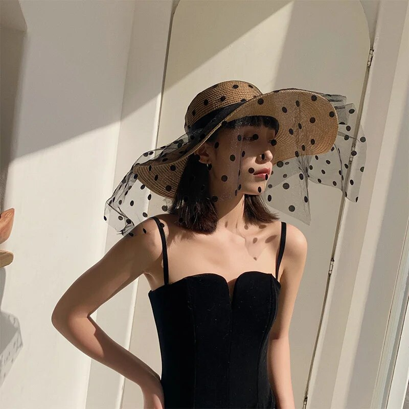 Sombreros de paja de verano con encaje de malla para mujer, clásicos, elegantes, con lunares, de ala ancha, para playa, plegables, con protección UV, Panamá_voghion.com