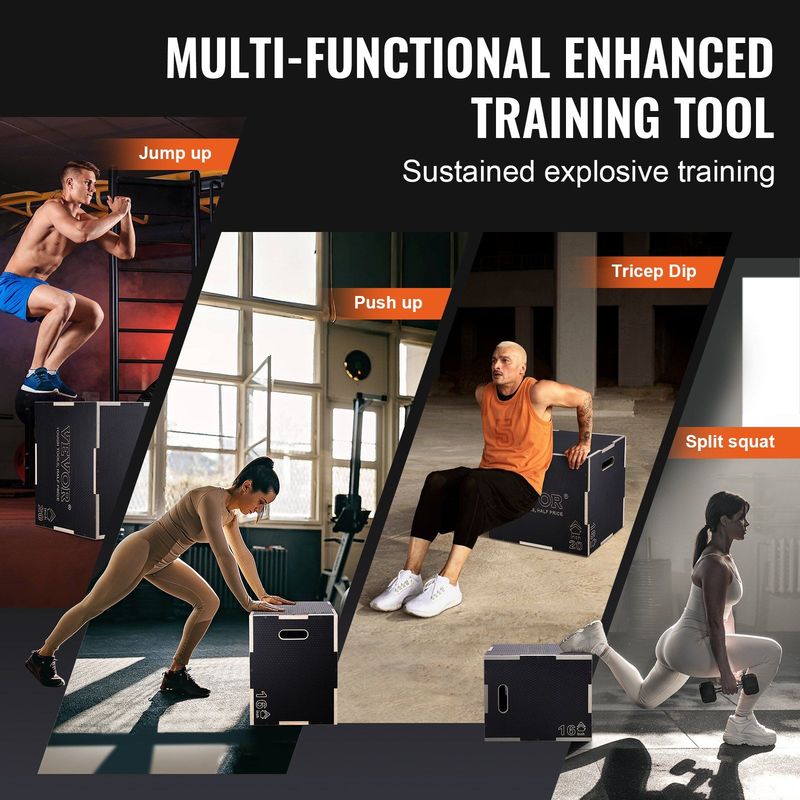 VEVOR 3 In 1 Plyometric Jump Box, 24/20/16 Inch Wooden Plyo Box, Platform & Jumping Agility Box, Anti-Slip Fitness Exercise Step Up Box For Home Gym Training, Conditioning Strength Training, Black_voghion.com