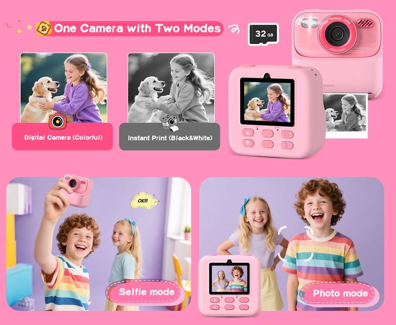 Cámara digital para niños, cámara instantánea de fotografía, 1080P HD, lente dual, grabadora de video, juguetes para niñas y niños, el mejor regalo de cumpleaños._voghion.com