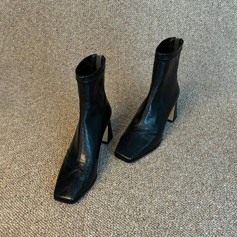 Lancui Edition~ Square Toe High Heel Elegant Versatile Height Increasing Slim For Women Genuine Leather British Style_voghion.com