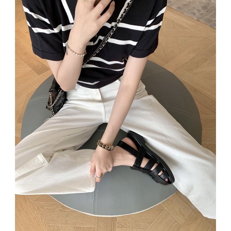 Sheepskin Version Su Yinyin Covers Up Ugliness, Real Leather Bag Head, Half Drag Woven Hollow Flat Roman Sandals,_voghion.com