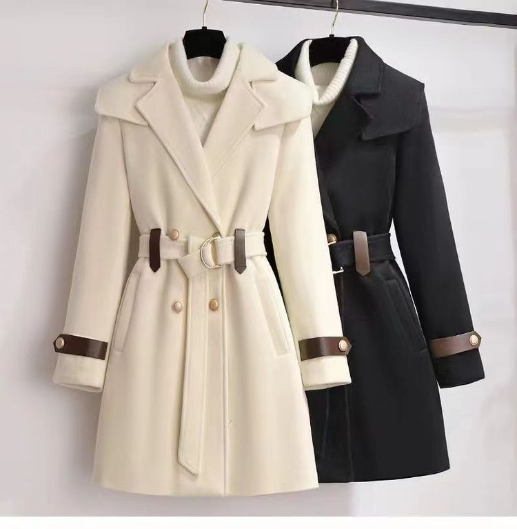 2023 Ny höst- och vinterjacka i ull damkläder yllerockar smalt bälte Elegant lång kappa kvinnlig Beige svart_voghion.com