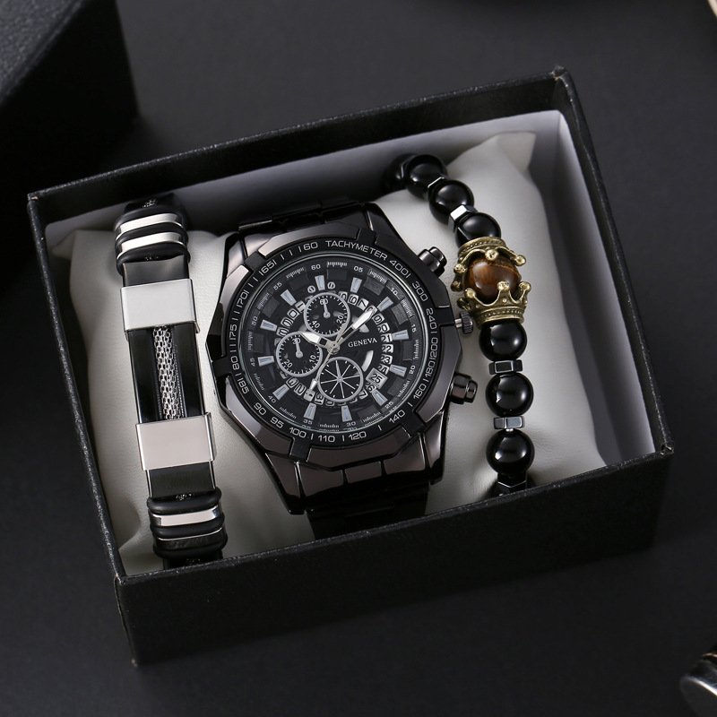 Men's Watches Non Mechanical Watch Set Men's Fashion Casual Steel Band Quartz Watch + Versatile Bracelet 3pcs/set_voghion.com