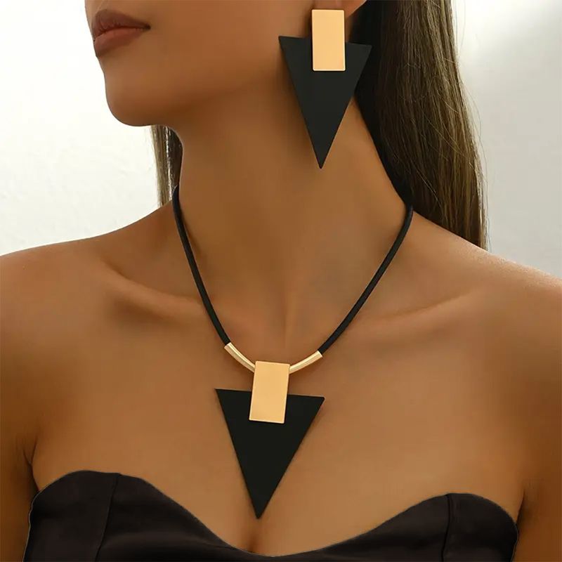 Jewelry Sets Necklace Earring Set Ring Bracelet Set Three-Piece Women's Jewelry Set, Geometric Rectangle Inverted Triangle Two-Tone Pendant With Blac_voghion.com