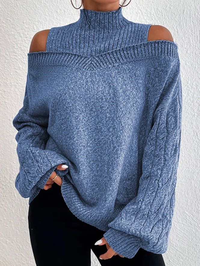 Damenbekleidung schulterfreier Pullover Damenpullover Herbst und Winter neuer lockerer halbhoher Kragen Laternenärmel Strickpullover_voghion.com
