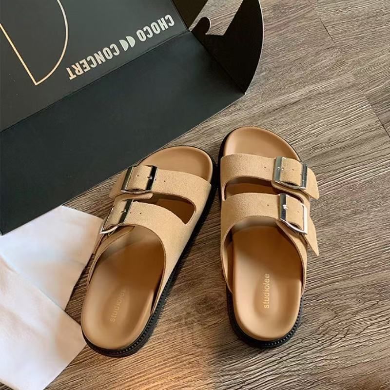 Grape Mom Casual Item Comfortable Lazy Double Buckle Strap Versatile Thick Sole Boken Half Slippers Women's Summer_voghion.com