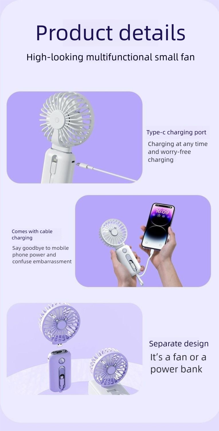 Mini ventilatore portatile 3C Power Bank 2 in 1 con capacità ultra grande, cavo doppio staccabile per_voghion.com