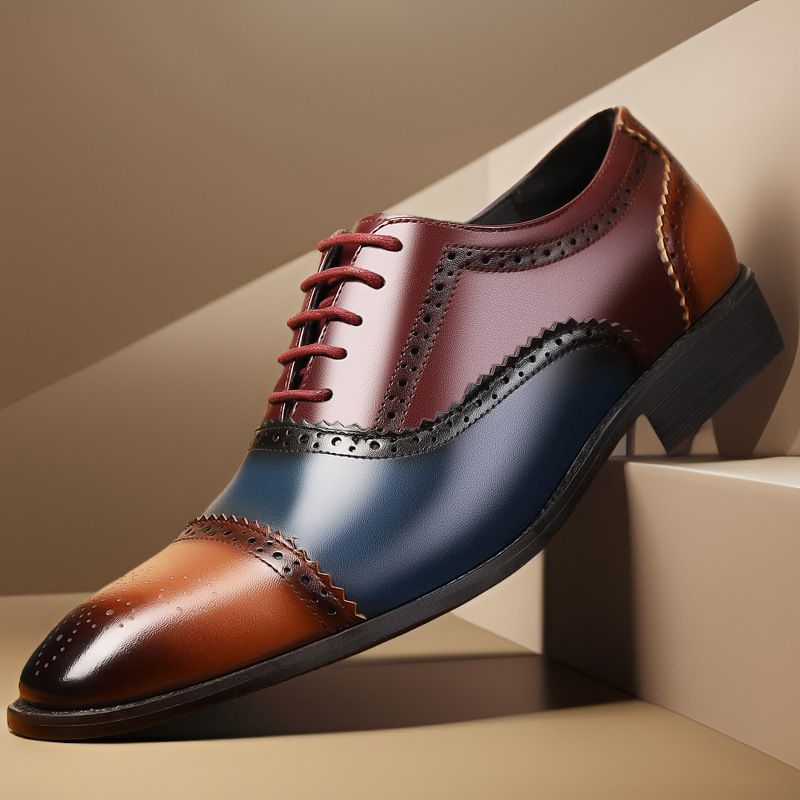 Euro Step Spring And Autumn New Brogue Color-Block Men's Carved Fashion Breathable Versatile Business Formal Wedding Leather Shoes_voghion.com
