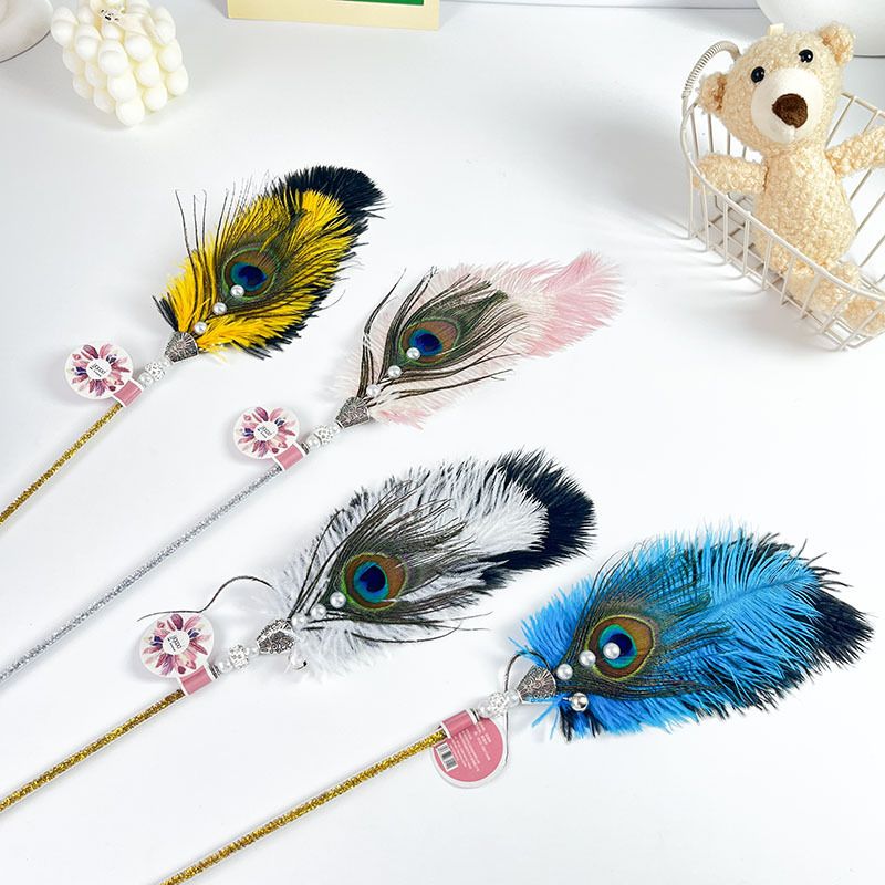 New Wand Peacock Feather Pet Felt Retractable Catnip Hanging Cat Teaser Toy_voghion.com