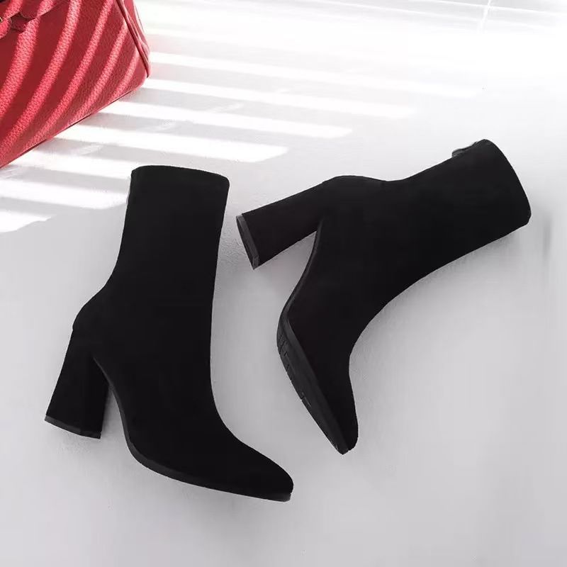 2025 Autumn Winter New Thick Pointed Toe Suede Short Women High Heel Stretch Slim Fashion Boots_voghion.com
