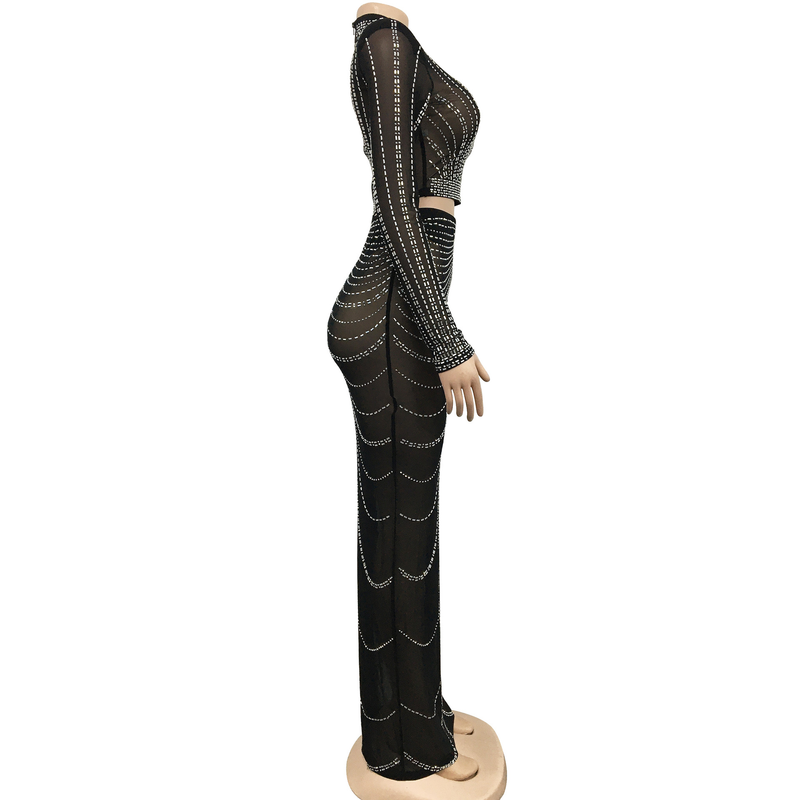 Kadın Giyim Mesh Mesh See Through Uzun Kollu Uzun Etek İki Parça Set_voghion.com
