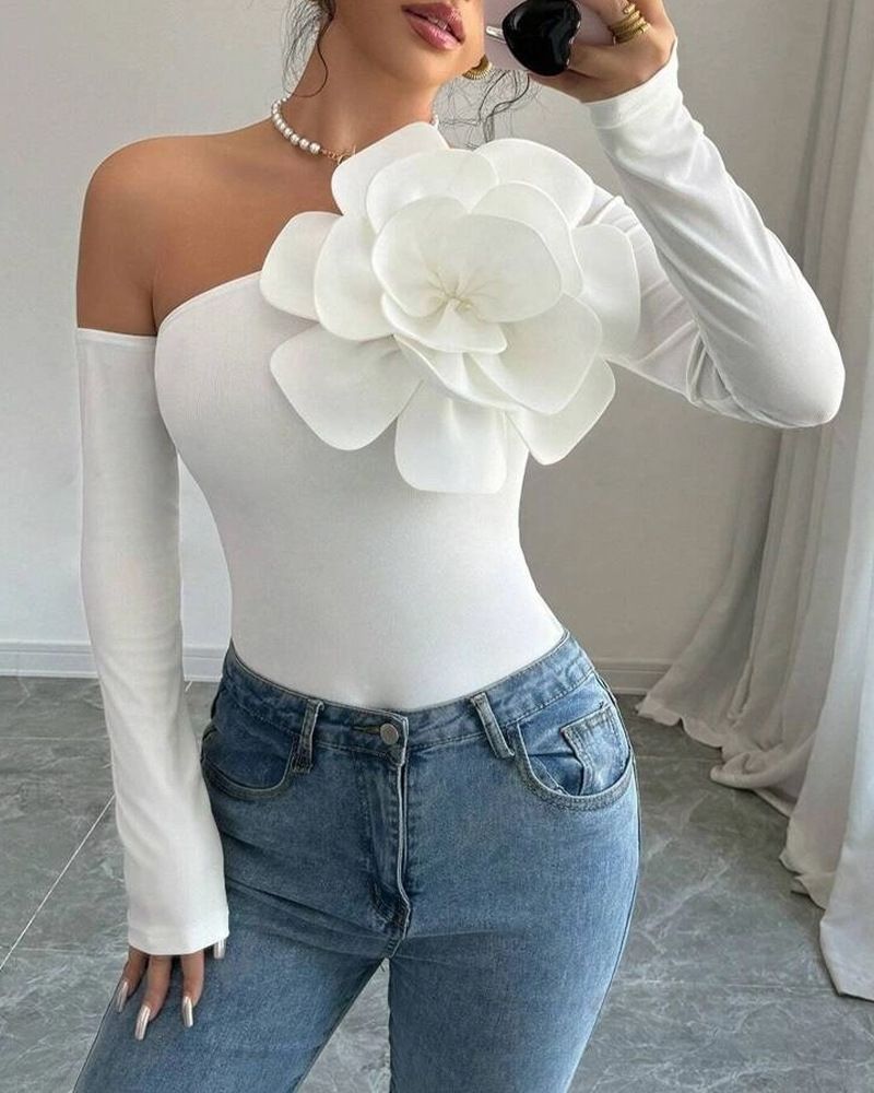 Collant a maniche lunghe con spalle scoperte e decorazione floreale tridimensionale esagerata della fabbrica di abbigliamento femminile_voghion.com