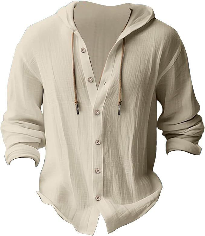 Herren Strand Freizeithemden Baumwolle Leinen Kapuze Langarmhemd Mann Mode Lose Feste Knopf Strickjacke Streetwear Tops Kleidung_voghion.com