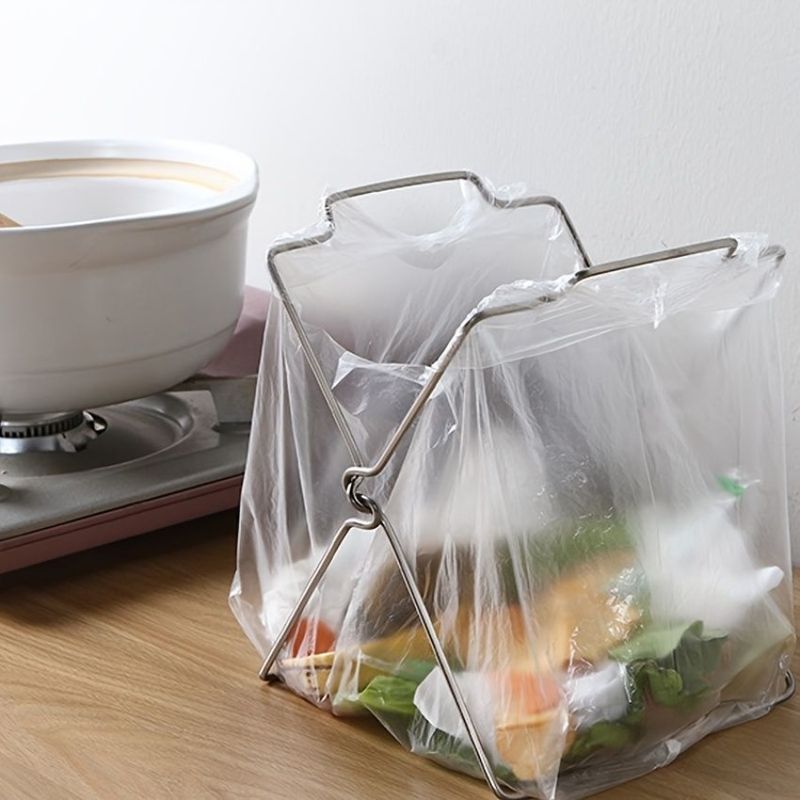 Bag Rack Trash Garbage Foldable Rack Holder For Storage Bag Rag Bathroom Kitchen 1pc Countertop Shelf B Plastic Steel Stainless_voghion.com