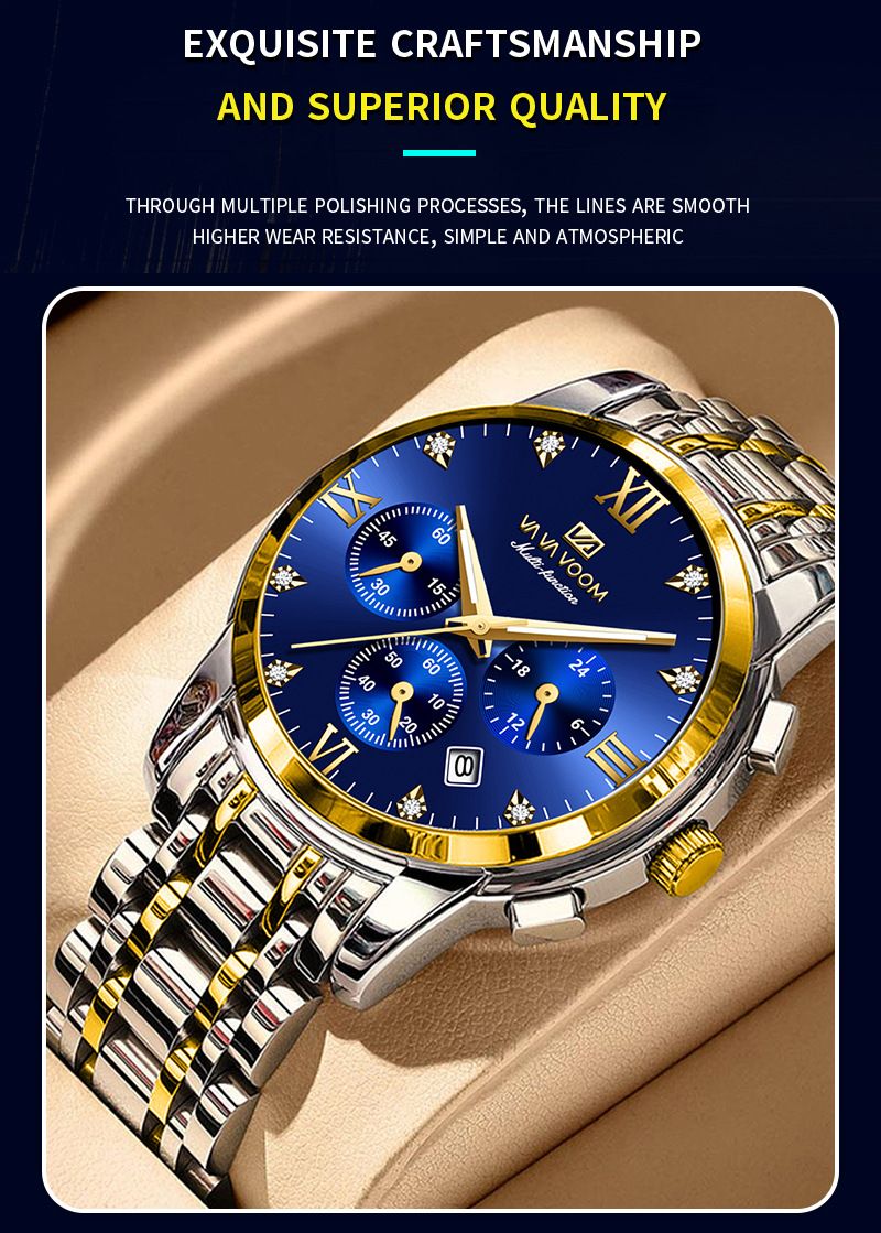 VA VOOM Brand New 2712 Steel Strip Blue Face Fashionable Business Waterproof Watch_voghion.com