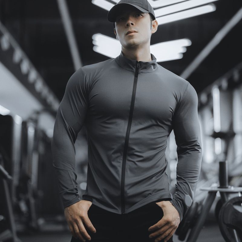 Camiseta de manga larga para hombre, ropa deportiva de primavera y otoño, para correr, fitness, ejercicio, elástica, de secado rápido, con cremallera y color liso_voghion.com