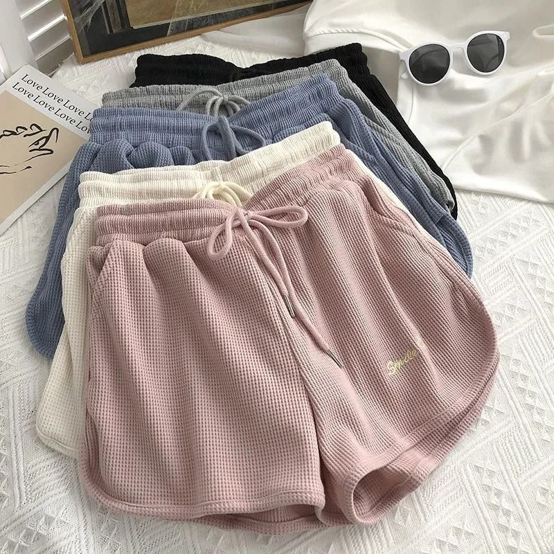 Waffel-Sport-Shorts für Damen, Sommer 2023, neue koreanische Version, lockere Hotpants mit hoher Taille und weitem Bein für den Außenbereich_voghion.com