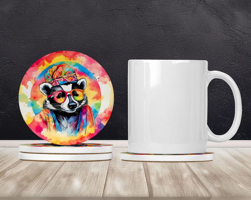 Hippie Animal Badger Large Sandstone Coasters Pack Of 4 Absorbent Round Coasters Decor Gifts For Men Or Women, 4 In, Multicolor_voghion.com