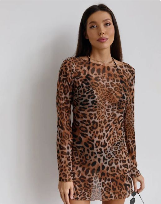 Sheer Mesh Beach Tunic – Lace Cover-Up Dress With Long Sleeves (Black/White/Pink/Animal Print/Rainbow)_voghion.com