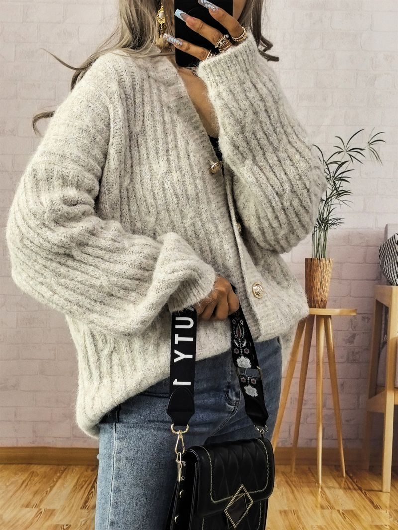 Cardigan vintage in maglia con bottoni dorati – Maglione spesso a maniche lunghe con apertura frontale per donna (grigio scuro, beige, marrone)_voghion.com