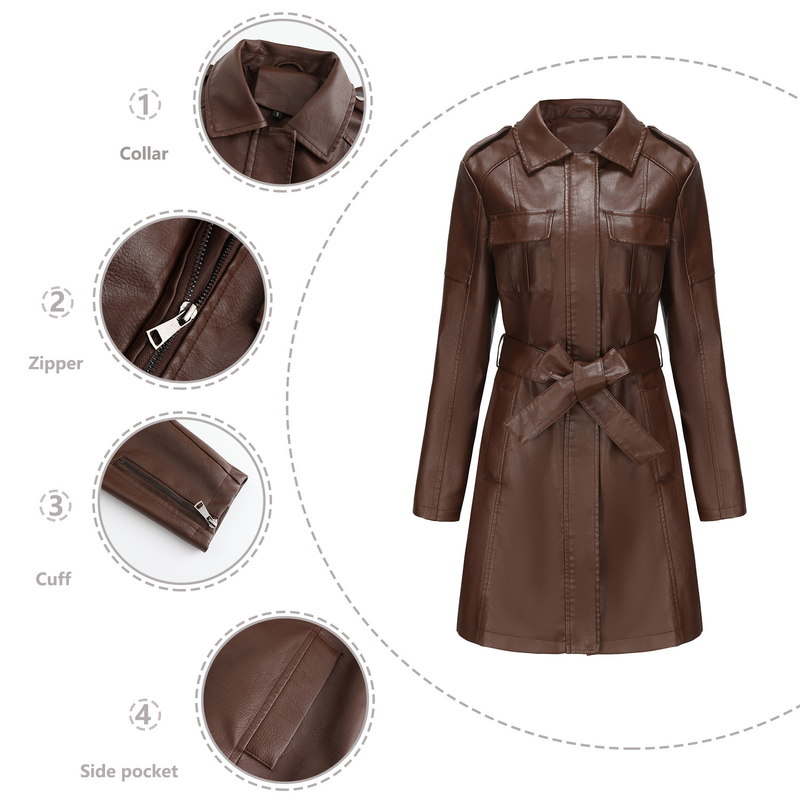 Abbigliamento da donna Cappotto in pelle di media lunghezza con cintura Giacca a vento in pelle a maniche lunghe Cappotto alla moda britannico da donna_voghion.com