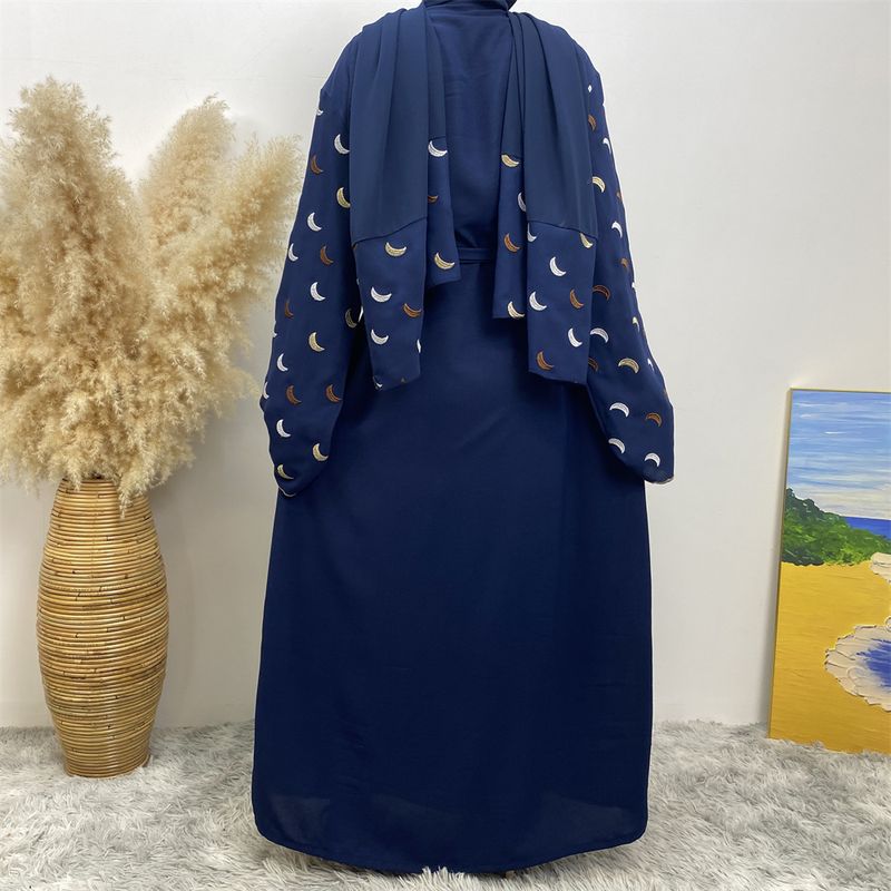 Yeni Müslüman Elbiseler İslami Giyim Ay Nakışlı Bornoz ve Şifon Eşarp Ramazan Dubai Lüks Abaya Kadınlar İçin Fas Kaftanlar_voghion.com