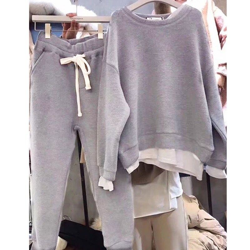 Women's Clothing Fashionable Two-Piece Layered Loose Sweatshirt Set For Women - Trendy Autumn Casual Outfit With Patchwork Design (Grey/Black)_voghion.com