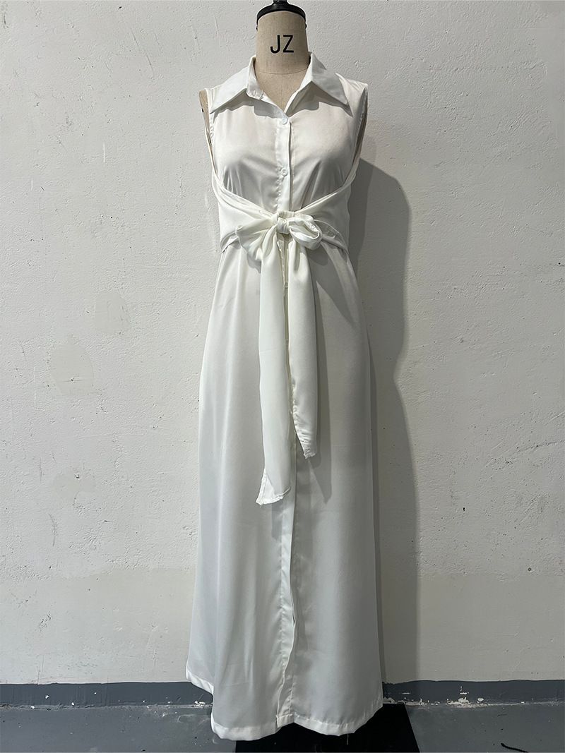 Abito estivo da donna, due pezzi, con gonna lunga, scollo a V, senza maniche, tinta unita, in vita_voghion.com