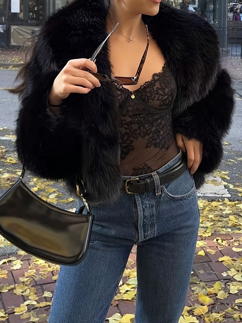 Cappotto elegante da donna foderato in pelliccia - Giacca corta morbida e calda, tinta unita lavabile Hine Autunno e Inverno, chic per le donne,_voghion.com