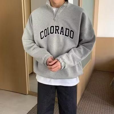 Sweatshirt mit halbem Reißverschluss für Herren, Herbstkleidung, Oberteil mit Buchstabendruck, koreanischer Stil, trendige, lockere Langarmjacke_voghion.com