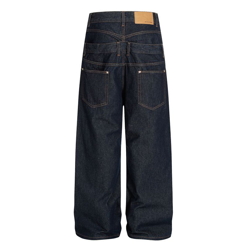 Herren-Stil Doppelbund Nieten Indigoblau Strukturierter Denim A-Linie Entspannte Gerade Bein Lange Hose_voghion.com