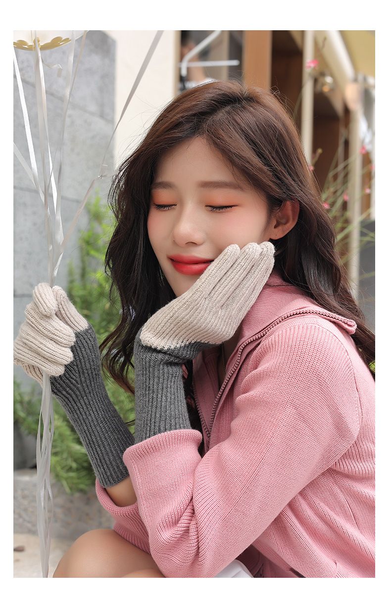 Winter wool for women, Korean version, color blocked, thickened, warm knit, windproof, leak proof, touch screen, outdoor_voghion.com