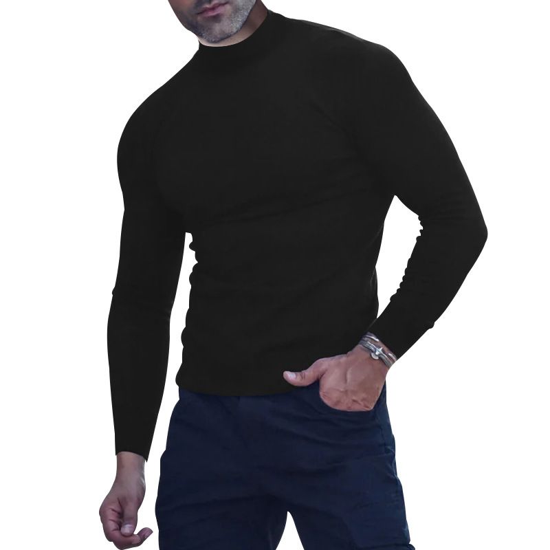 Herbst Winter Thermo Einfarbig Langarm T-Shirt Basishemd Eng Anliegender Halbhoher Kragen Herrenstil_voghion.com